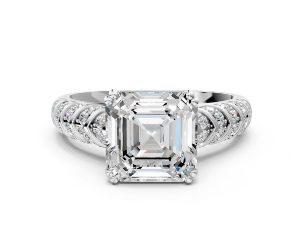 White gold Asscher Solitaire Chevron Pave Diamond Engagement Ring with Six-Prong Setting