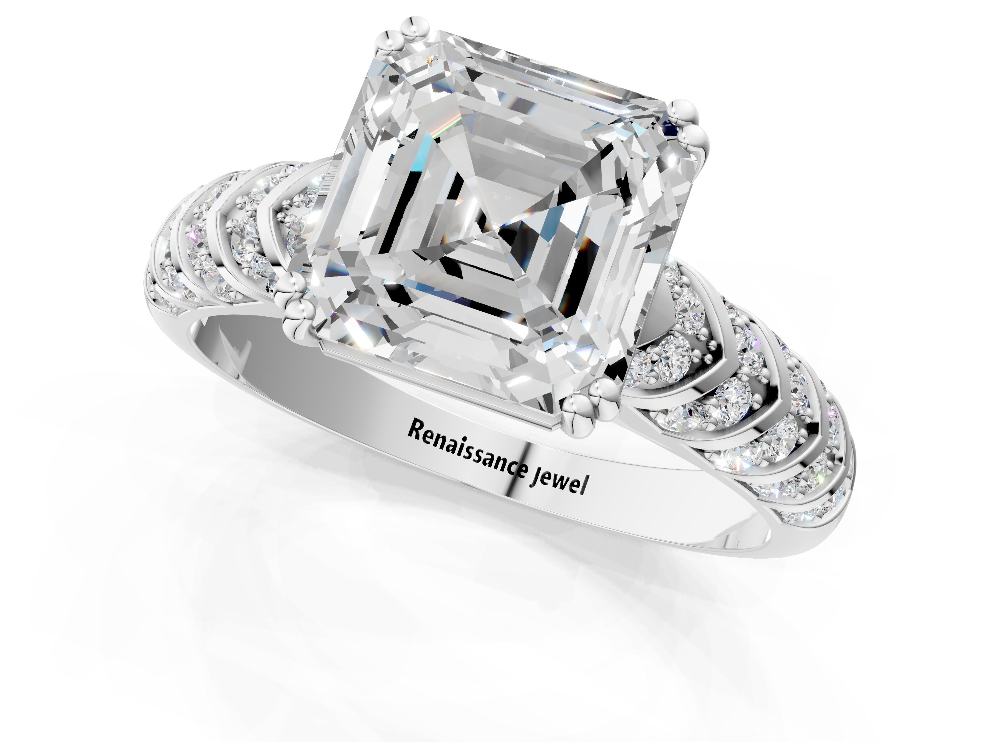 White gold Asscher Solitaire Chevron Pave Diamond Engagement Ring with Six-Prong Setting_4