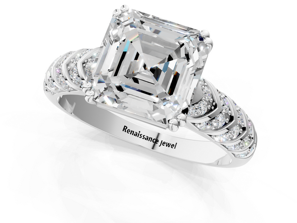 Platinum Asscher Solitaire Chevron Pave Diamond Engagement Ring with Six-Prong Setting