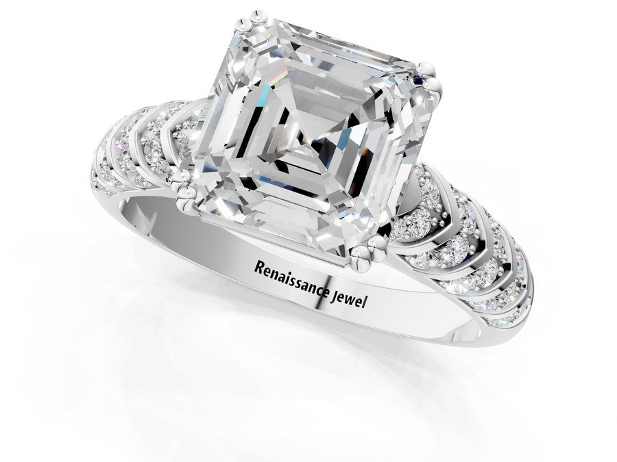 White gold Asscher Solitaire Chevron Pave Diamond Engagement Ring with Six-Prong Setting