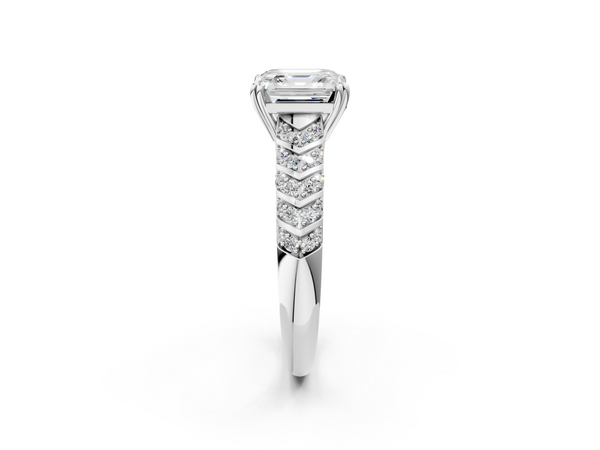 Platinum Asscher Solitaire Chevron Pave Diamond Engagement Ring with Six-Prong Setting