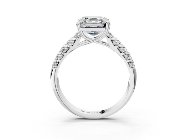 White gold Asscher Solitaire Chevron Pave Diamond Engagement Ring with Six-Prong Setting