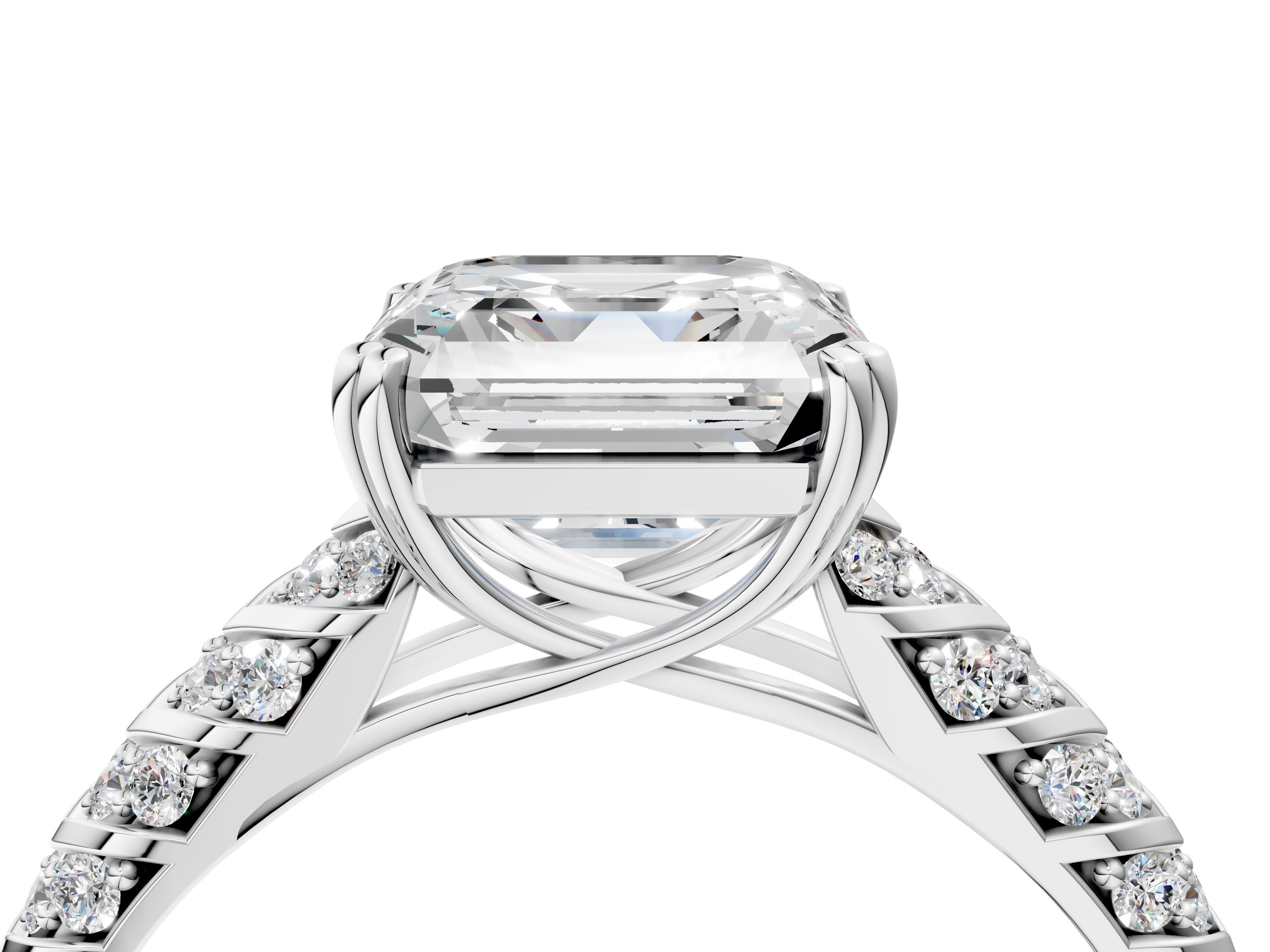 White gold Asscher Solitaire Chevron Pave Diamond Engagement Ring with Six-Prong Setting_7