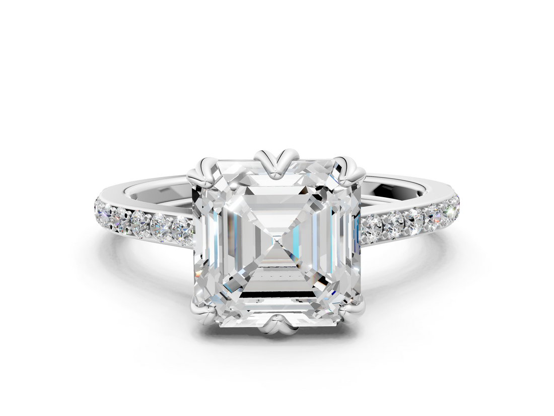White gold Asscher Solitaire Diamond Engagement Ring with Pave Band and Six-Prong Setting_6