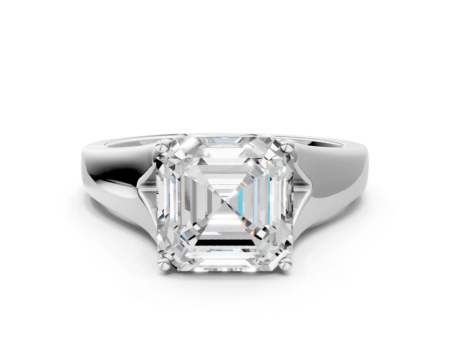 White gold Asscher Solitaire Diamond Ring with Cathedral Band and Four-Prong Setting