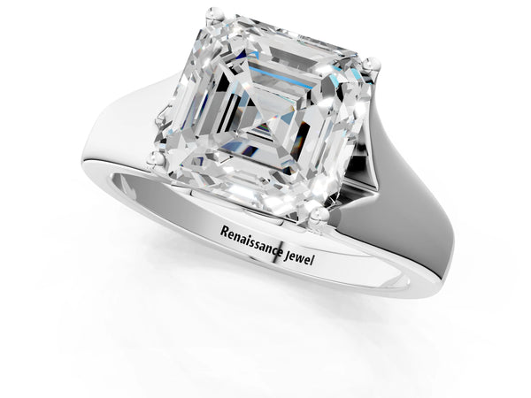 White gold Asscher Solitaire Diamond Ring with Cathedral Band and Four-Prong Setting