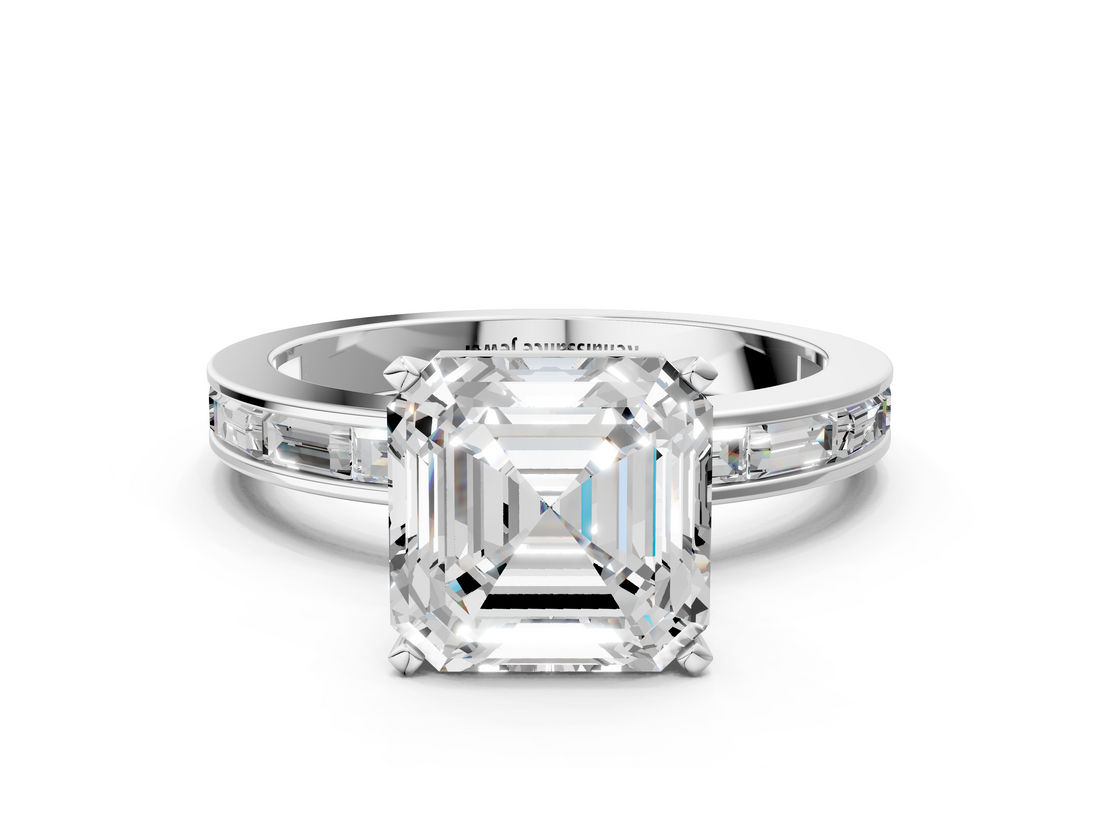 White gold Asscher Solitaire Diamond Ring with Channel-Set Baguette Band and Four-Prong Setting_24