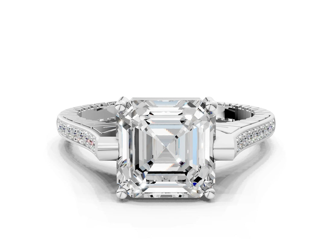 White gold Asscher Solitaire Diamond Ring with Channel Set Band and Bezel Prong Setting_56