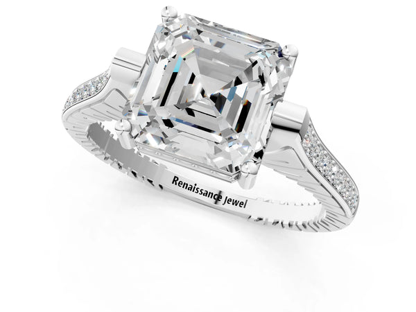 White Gold Asscher Cut Vintage Cathedral Engagement Ring Setting with Engraved Sides and Pave