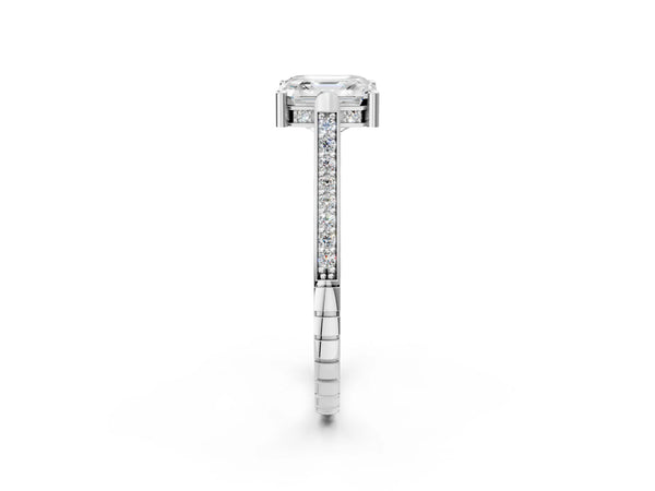 Platinum Asscher Cut Vintage Cathedral Engagement Ring Setting with Engraved Sides and Pave