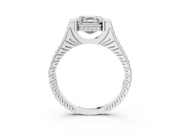 White Gold Asscher Cut Vintage Cathedral Engagement Ring Setting with Engraved Sides and Pave