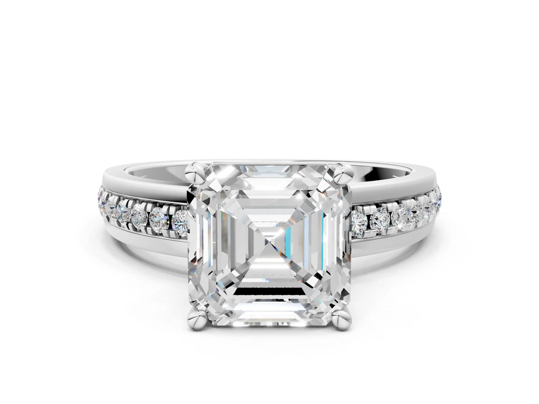 White gold Asscher Solitaire Diamond Ring with Channel Set Band and Six-Prong Setting_51