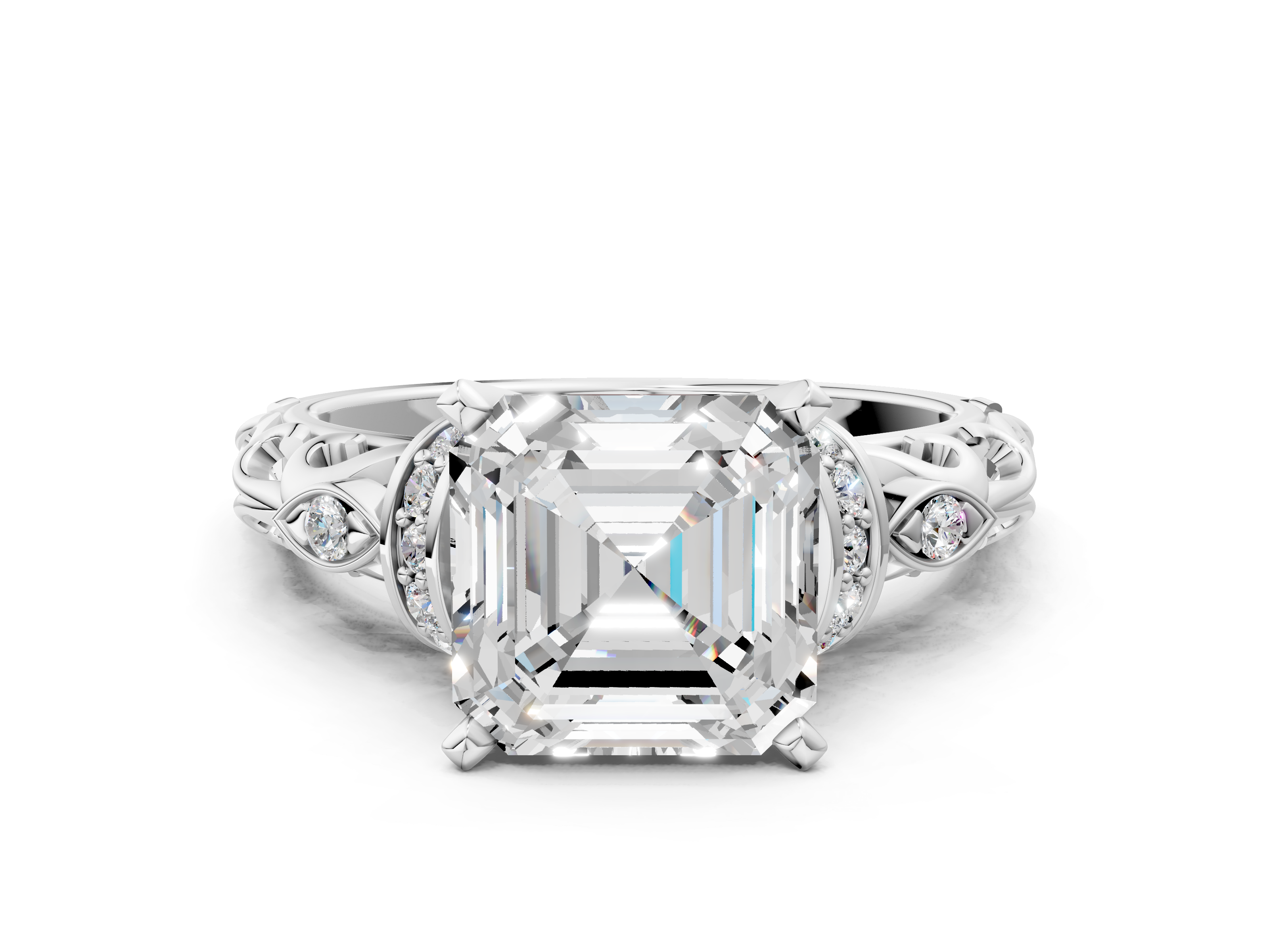 White gold Asscher Solitaire Diamond Ring with Filigree Band and Four-Prong Setting_11