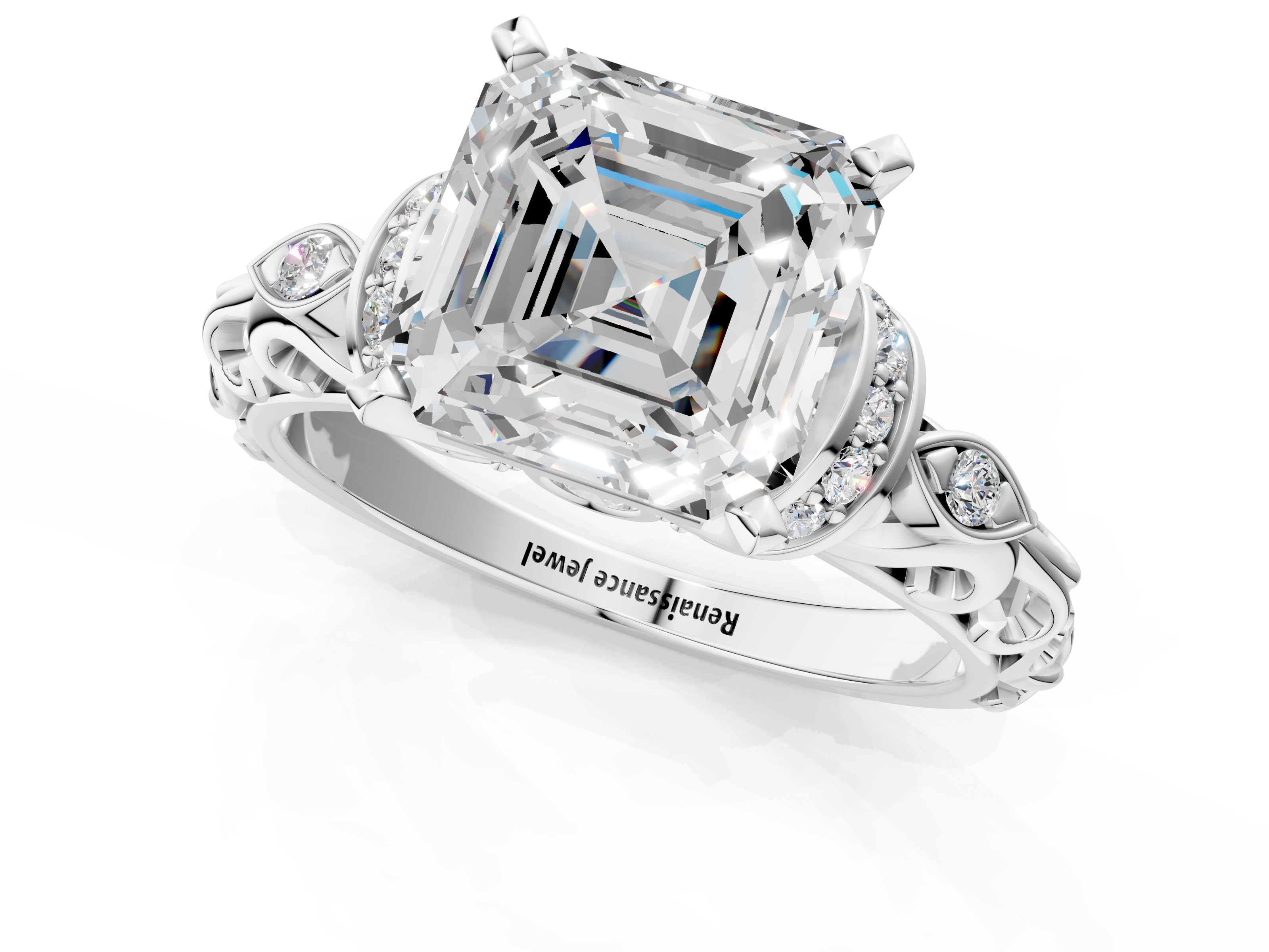 White gold Asscher Solitaire Diamond Ring with Filigree Band and Four-Prong Setting_12