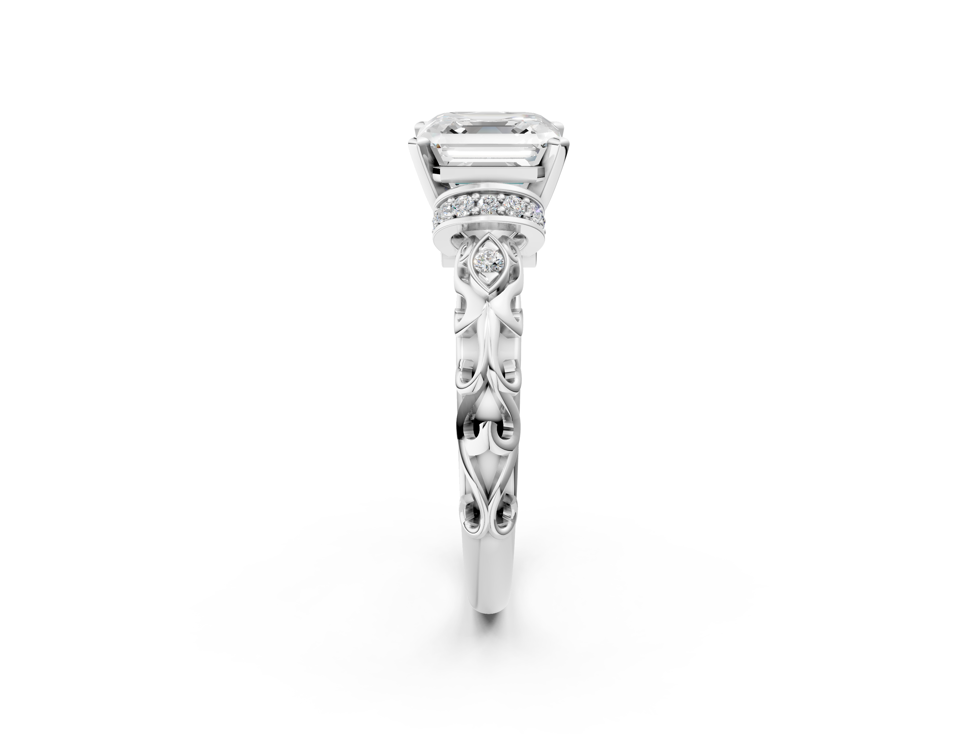 White gold Asscher Solitaire Diamond Ring with Filigree Band and Four-Prong Setting_13