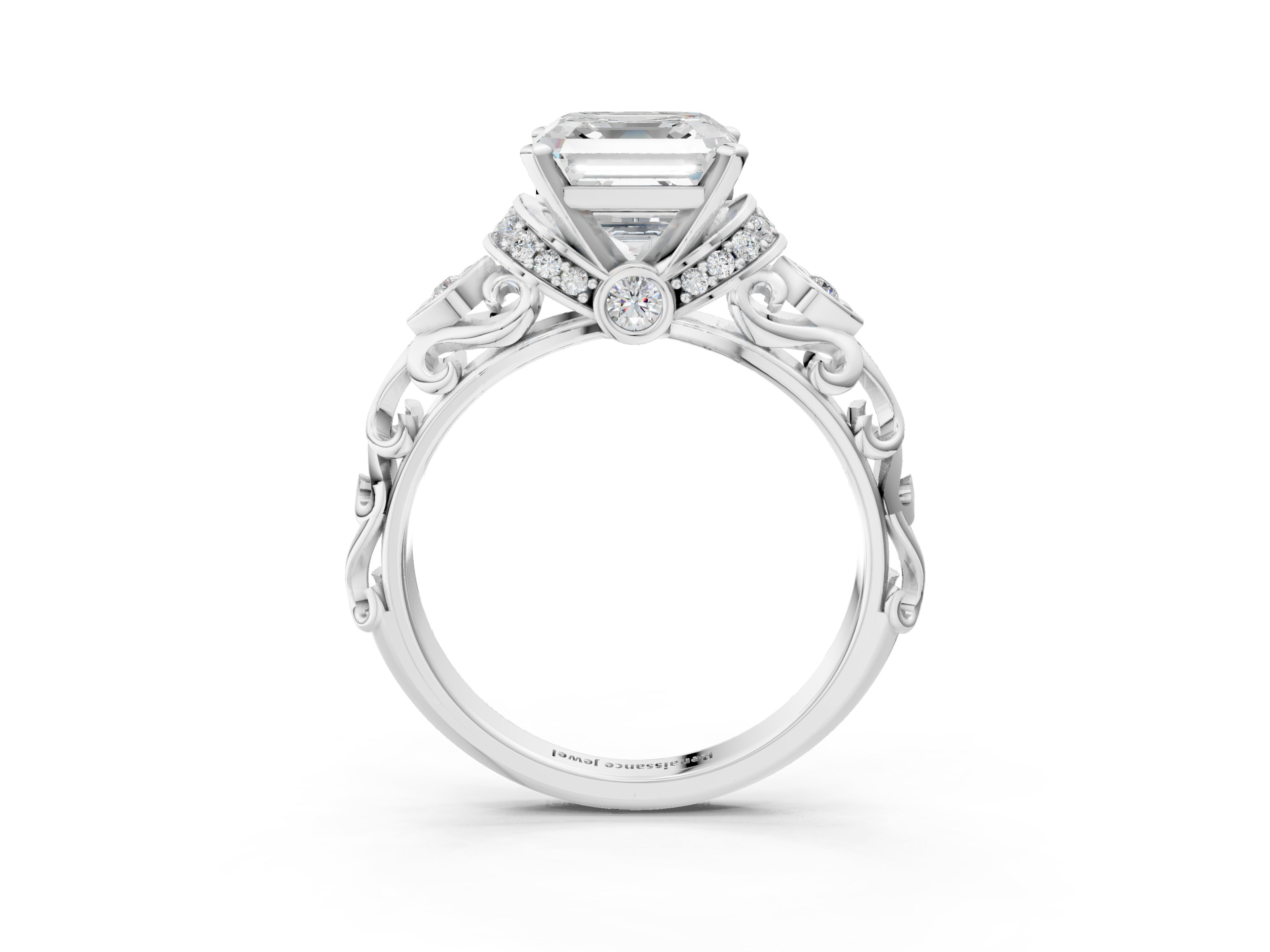 White gold Asscher Solitaire Diamond Ring with Filigree Band and Four-Prong Setting_14