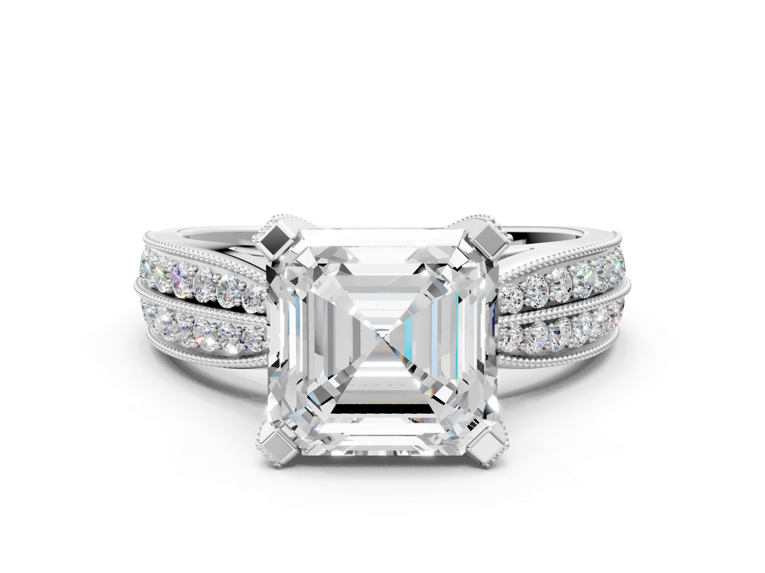 White gold Asscher Solitaire Diamond Ring with Milgrain Pavé Band and Four-Prong Setting_54