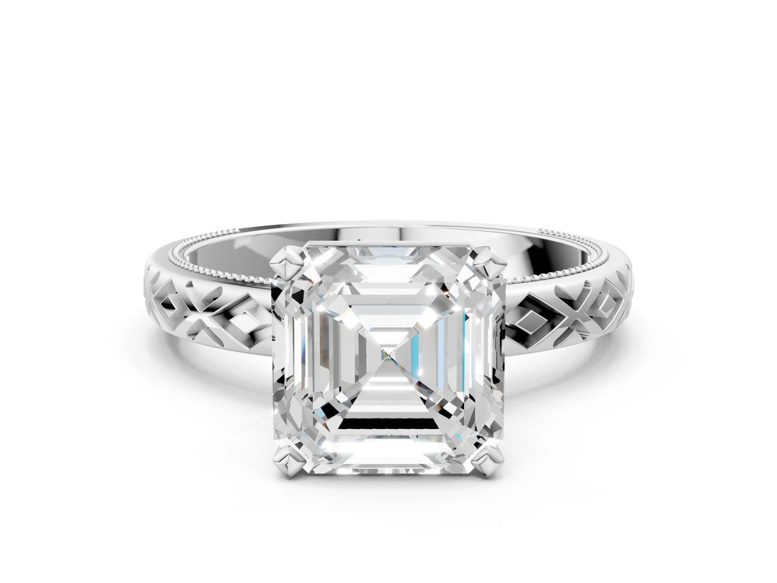 White gold Asscher Solitaire Diamond Ring with Milgrain and Black Enamel X Pattern Band_52