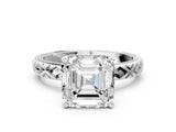White gold Asscher Solitaire Diamond Ring with Milgrain and Black Enamel X Pattern Band_52