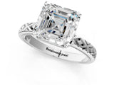 White gold Asscher Solitaire Diamond Ring with Milgrain and Black Enamel X Pattern Band_53