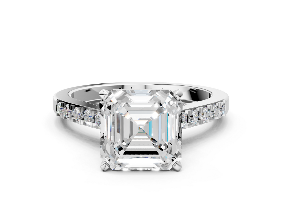 White gold Asscher Solitaire Diamond Ring with Pavé Band and Four-Prong Setting_6