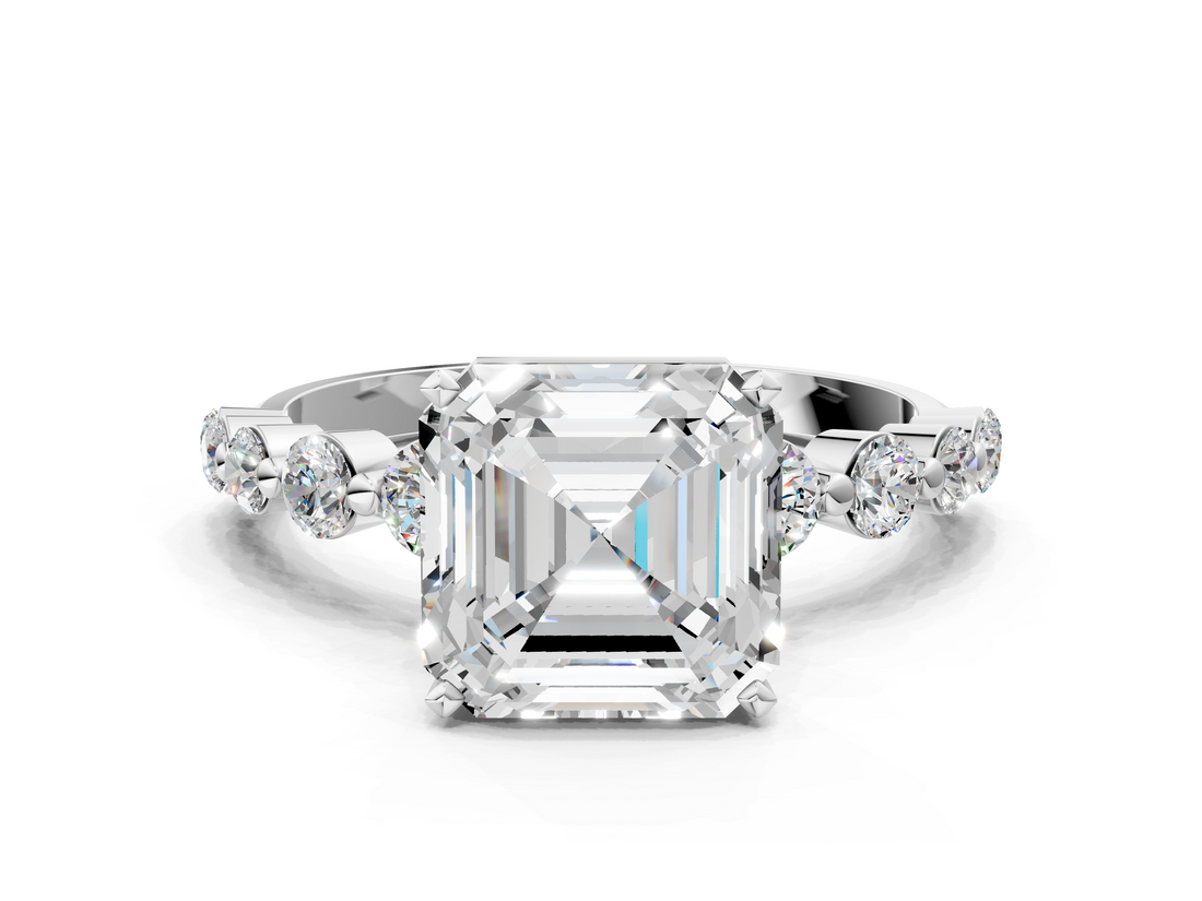 White gold Asscher Solitaire Diamond Ring with Pave Band and Four-Prong Setting_27