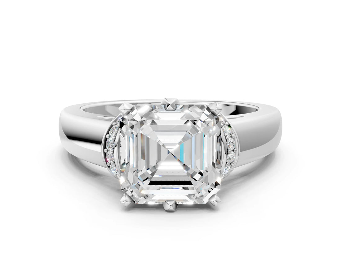 White gold Asscher Solitaire Diamond Ring with Pave Band and Six-Prong Setting_78