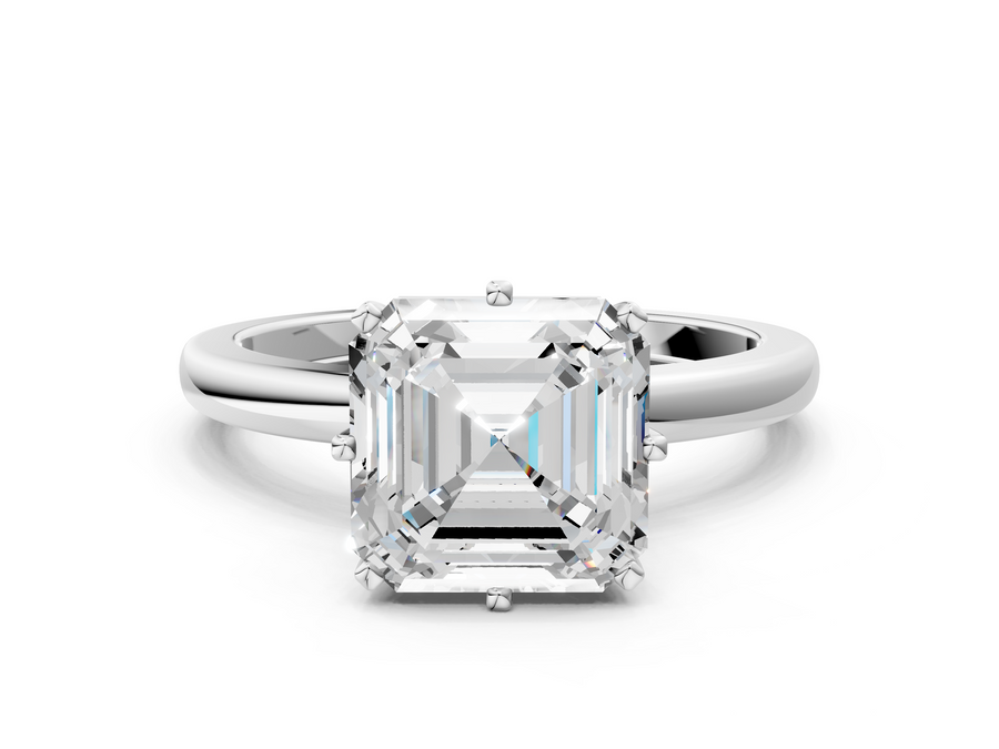 White gold Asscher Solitaire Diamond Ring with Six-Prong Setting on a Classic Band