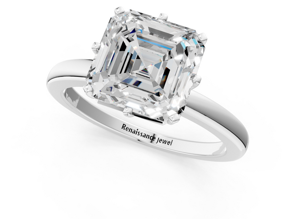 White gold Asscher Solitaire Diamond Ring with Six-Prong Setting on a Classic Band