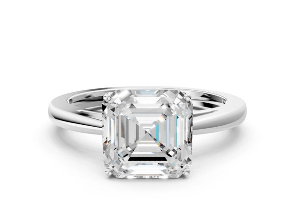 White gold Asscher Solitaire Diamond Ring with Split Shank and Four-Prong Setting