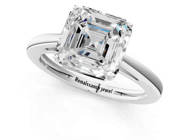 White gold Asscher Solitaire Diamond Ring with Split Shank and Four-Prong Setting