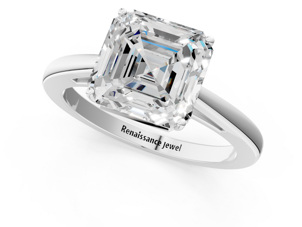 White gold Asscher Solitaire Diamond Ring with Split Shank and Four-Prong Setting