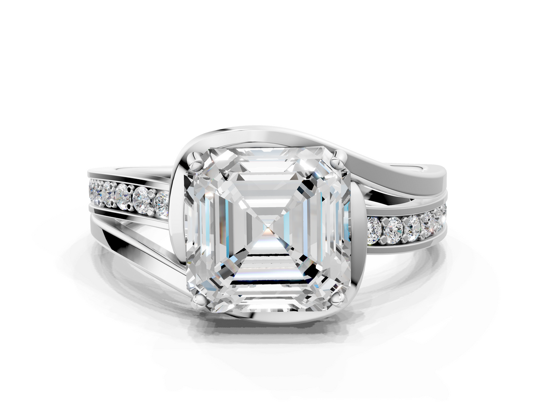 White gold Asscher Solitaire Diamond Ring with Split Shank and Prong Setting_10