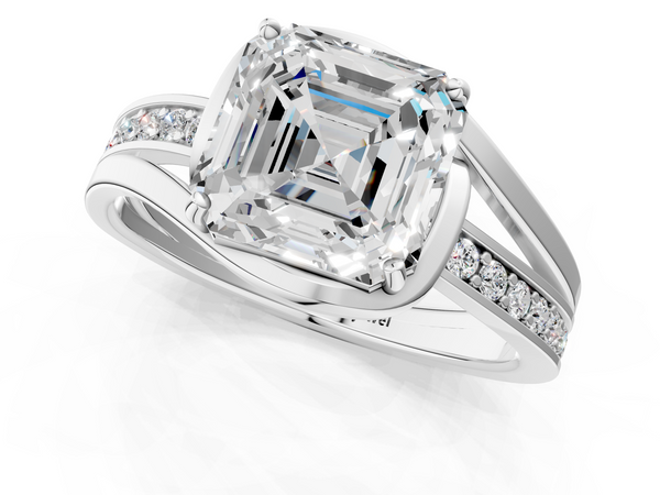 Platinum Asscher Cut Bypass Split Shank Engagement Ring Setting with Channel Set Accents