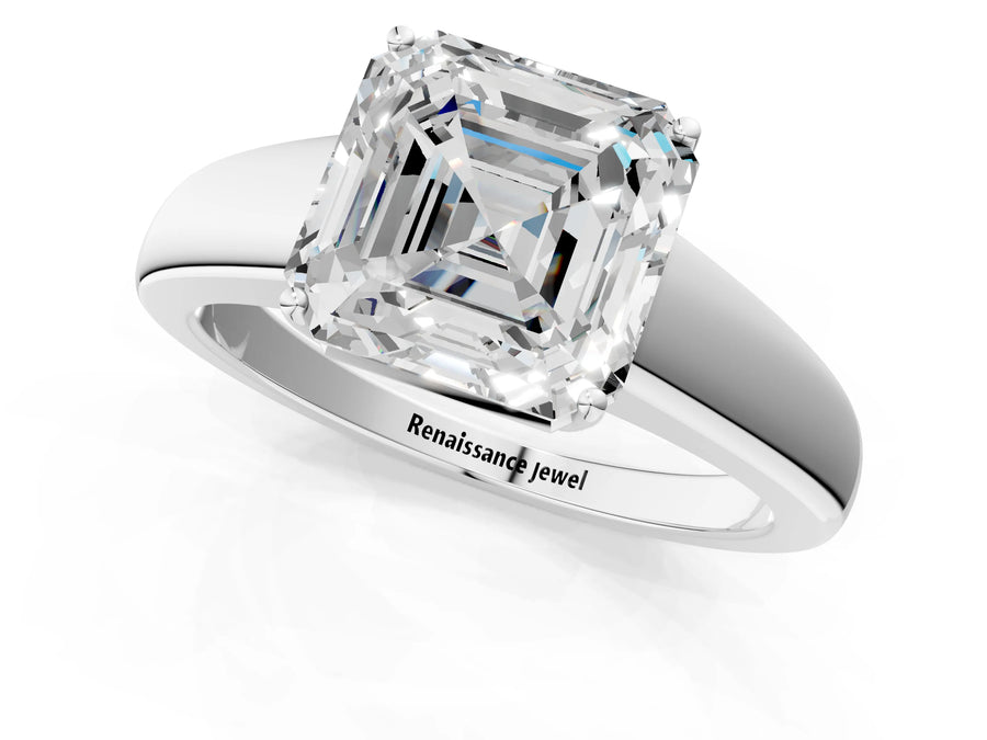 White gold Asscher Solitaire Diamond Ring with Tapered Band and Four-Prong Setting