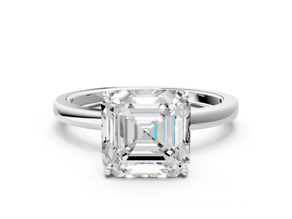 White gold Asscher Solitaire Diamond Ring with Thin Band and Four-Prong Setting