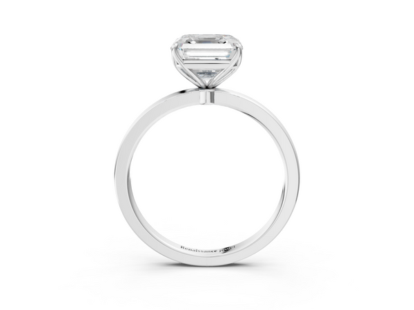 White gold Asscher Solitaire Diamond Ring with Thin Band and Four-Prong Setting