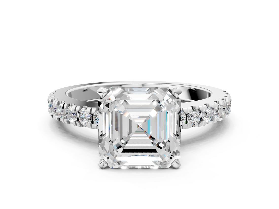 White gold Asscher Solitaire Diamond with Pavé Band and Four-Prong Setting_23
