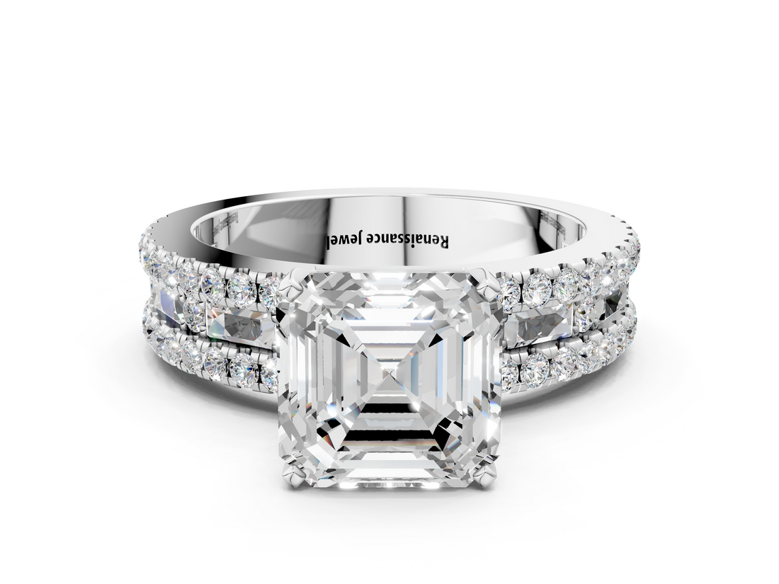 White gold Asscher Solitaire Diamond with Pave and Channel Set Band_19