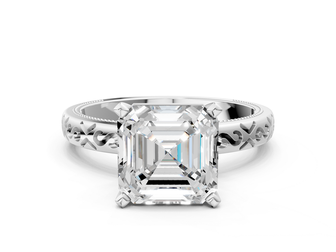 White gold Asscher Solitaire Engagement Ring with Scrollwork Band and Four-Prong Setting_23