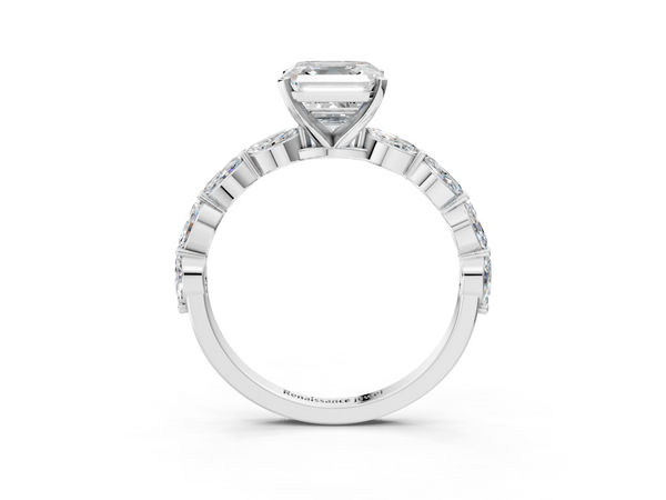 Platinum Asscher Cut Engagement Ring Setting with Marquise Side Stones Along the Band