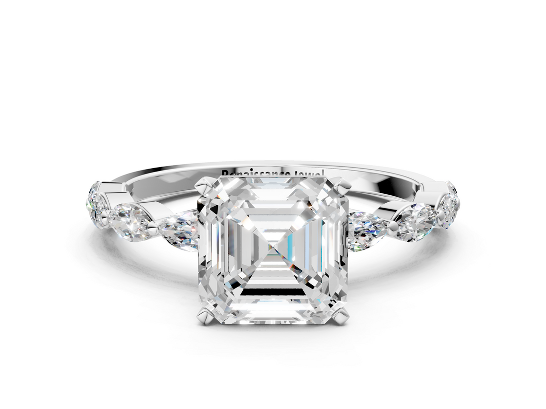 White gold Asscher Solitaire Marquise Side Stone Prong Setting Ring_7