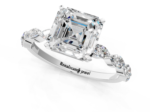 Platinum Asscher Cut Engagement Ring Setting with Marquise Side Stones Along the Band