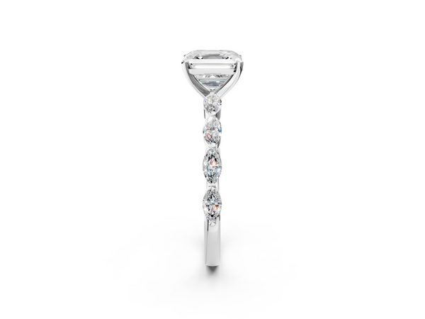 Platinum Asscher Cut Engagement Ring Setting with Marquise Side Stones Along the Band