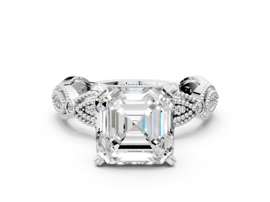 White gold Asscher Solitaire Milgrain Diamond Engagement Ring with Bezel and Marquise Band_6