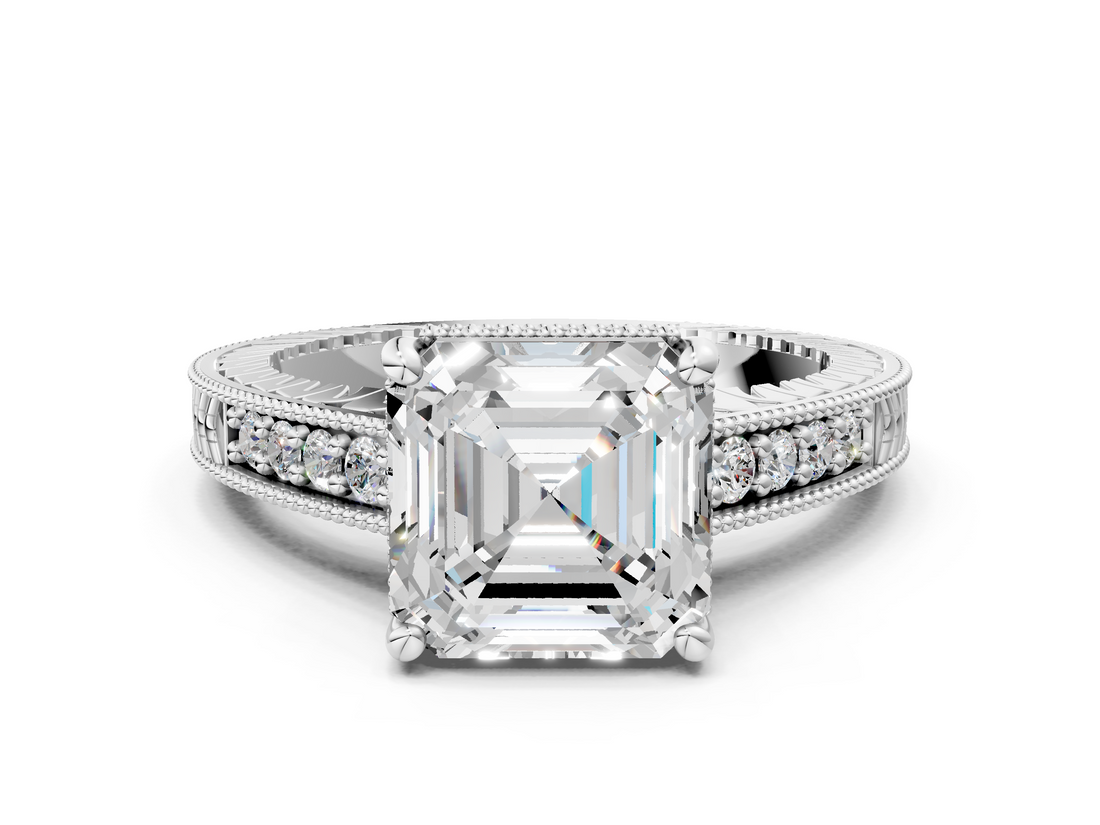 White gold Asscher Solitaire Pavé Diamond Milgrain Engagement Ring with Four-Prong Setting_3