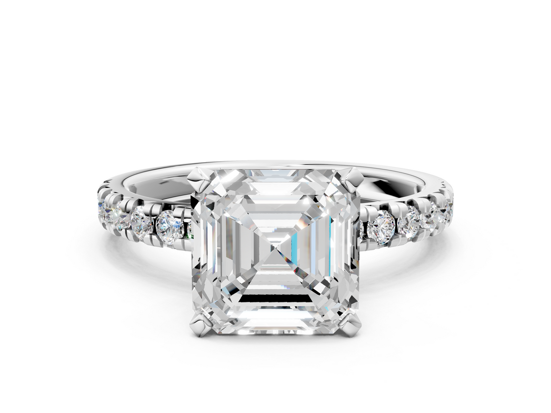 White gold Asscher Solitaire Pave Diamond Engagement Ring with Four-Prong Setting_8