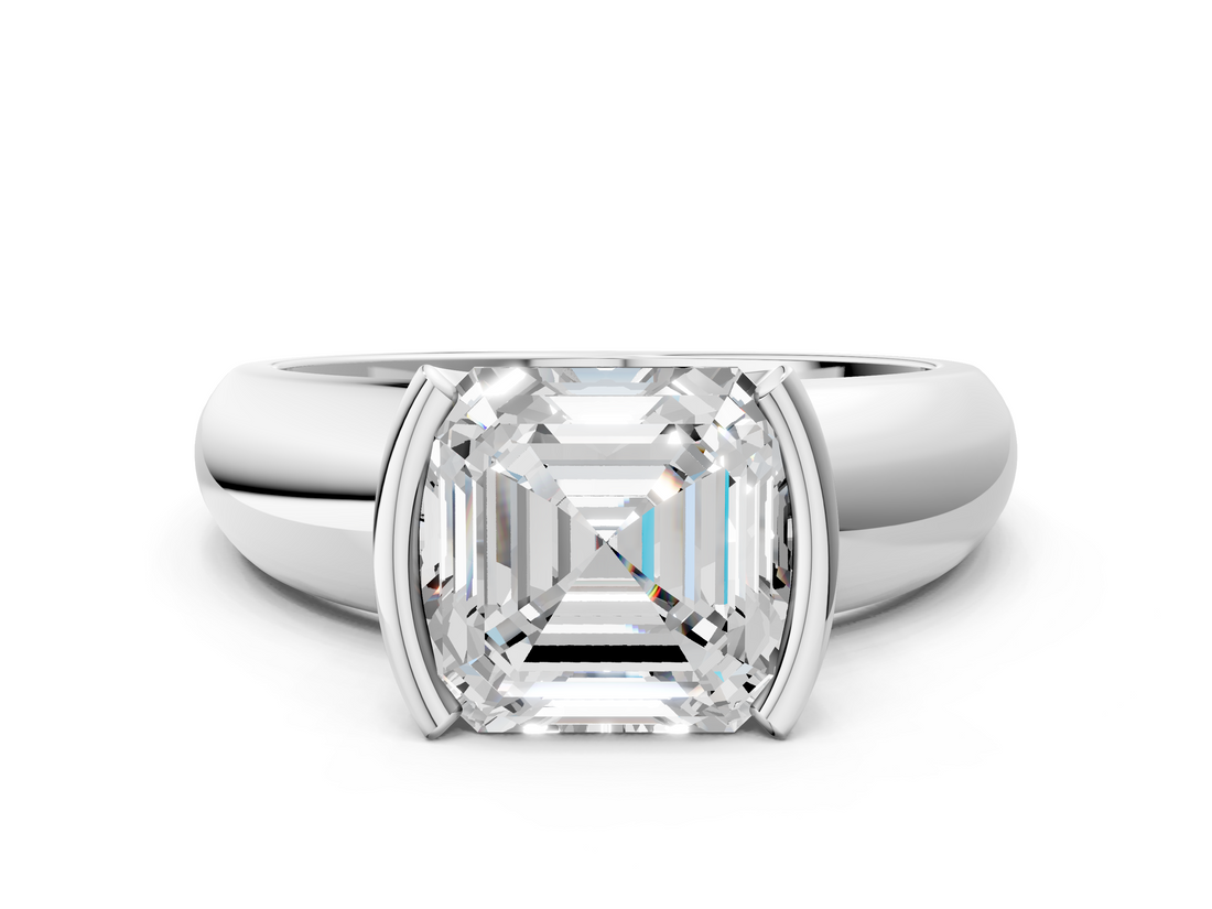 White gold Asscher Solitaire Tension Set Diamond Ring with Wide Band_37
