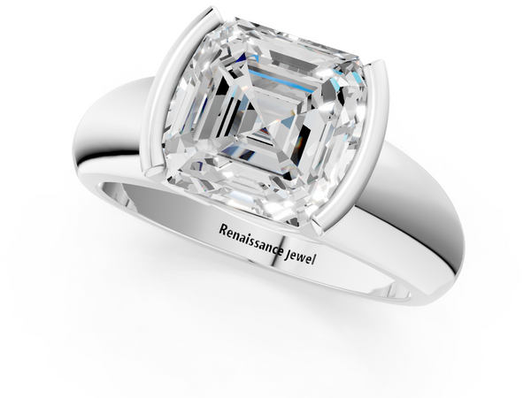 White gold Asscher Solitaire Tension Set Diamond Ring with Wide Band