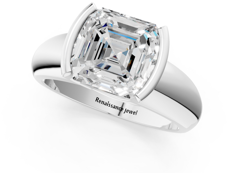 White gold Asscher Solitaire Tension Set Diamond Ring with Wide Band
